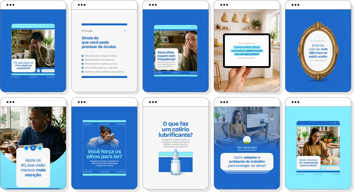 Pack de posts para oftalmologia com ideias de conteúdo para Instagram de visão e prevenção ocular