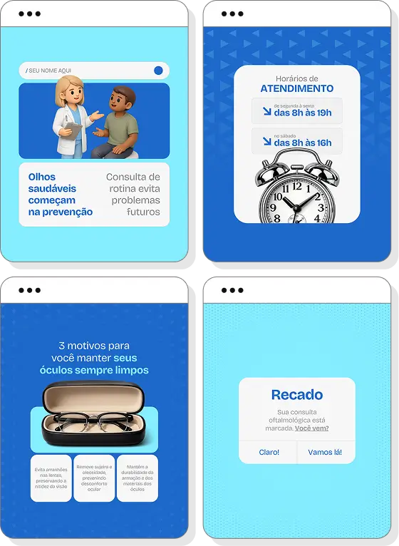 Pack Canva oftalmologia com posts para Instagram de saúde ocular, exames e qualidade visual