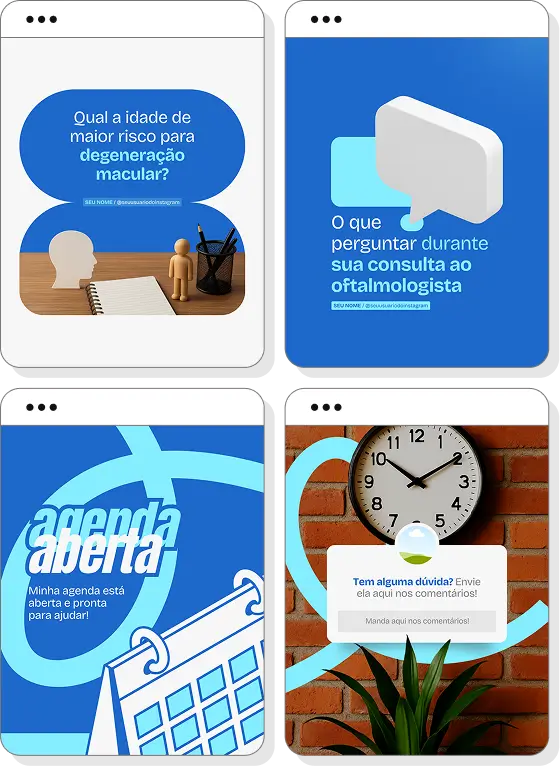 Pack social media oftalmologia com conteúdos para Instagram de visão, olhos e saúde ocular