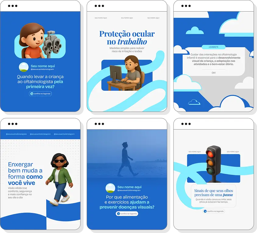 Ideias de post para oftalmologia com pack de conteúdo para Instagram sobre saúde ocular e visão