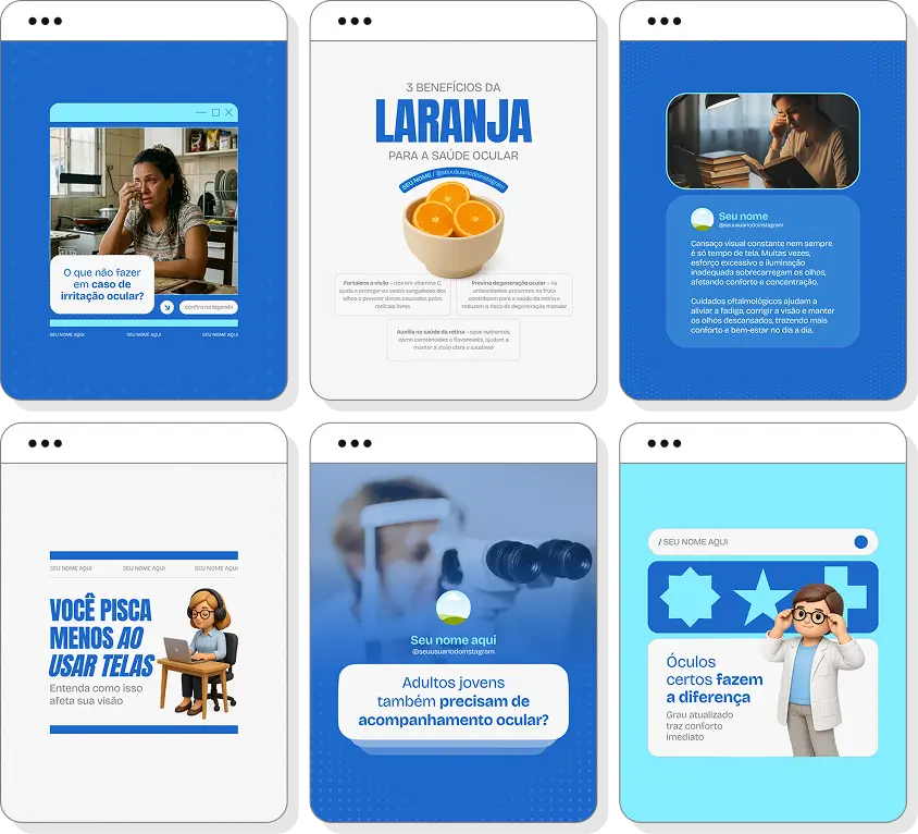 Pack de oftalmologia com conteúdos editáveis para Instagram de visão, olhos e saúde visual
