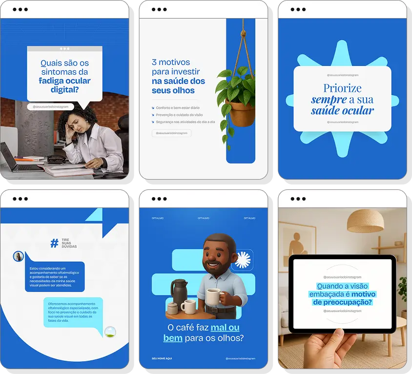 Posts para perfil de oftalmologia no Instagram com templates Canva sobre exames e cuidados com os olhos