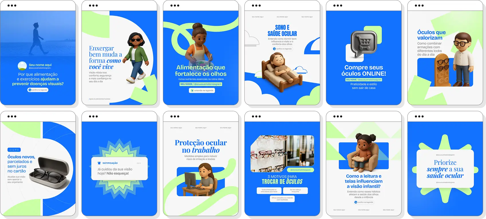 Pack social media ótica com conteúdos para Instagram de saúde visual e cuidados com a visão