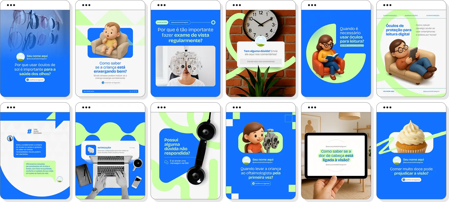 Posts para perfil de ótica no Instagram com templates Canva sobre visão e cuidados oculares