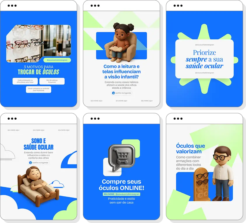 Pack de posts para Instagram ótica com artes editáveis sobre óculos de grau e lentes