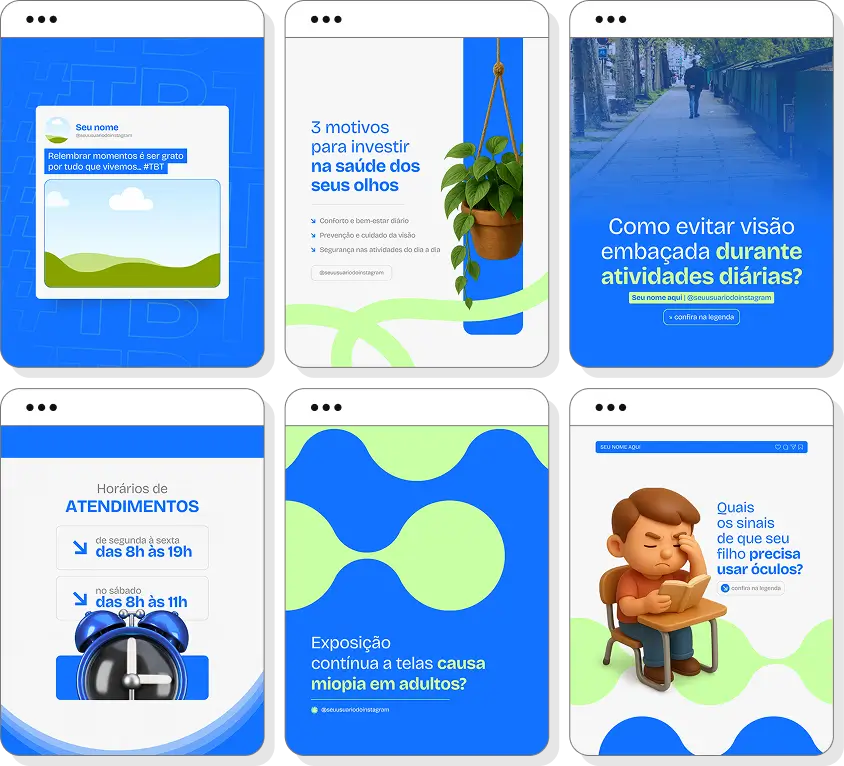 Pack de posts editáveis ótica com Instagram de óculos, lentes e cuidados com os olhos