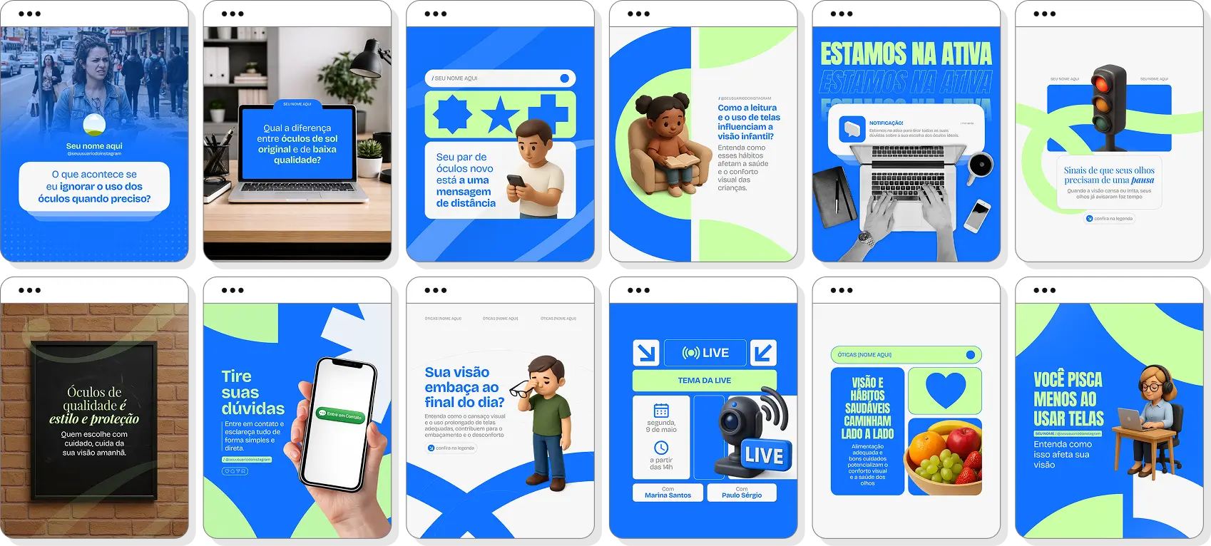 Ideias de post para ótica com pack de conteúdo para Instagram sobre saúde ocular e visão