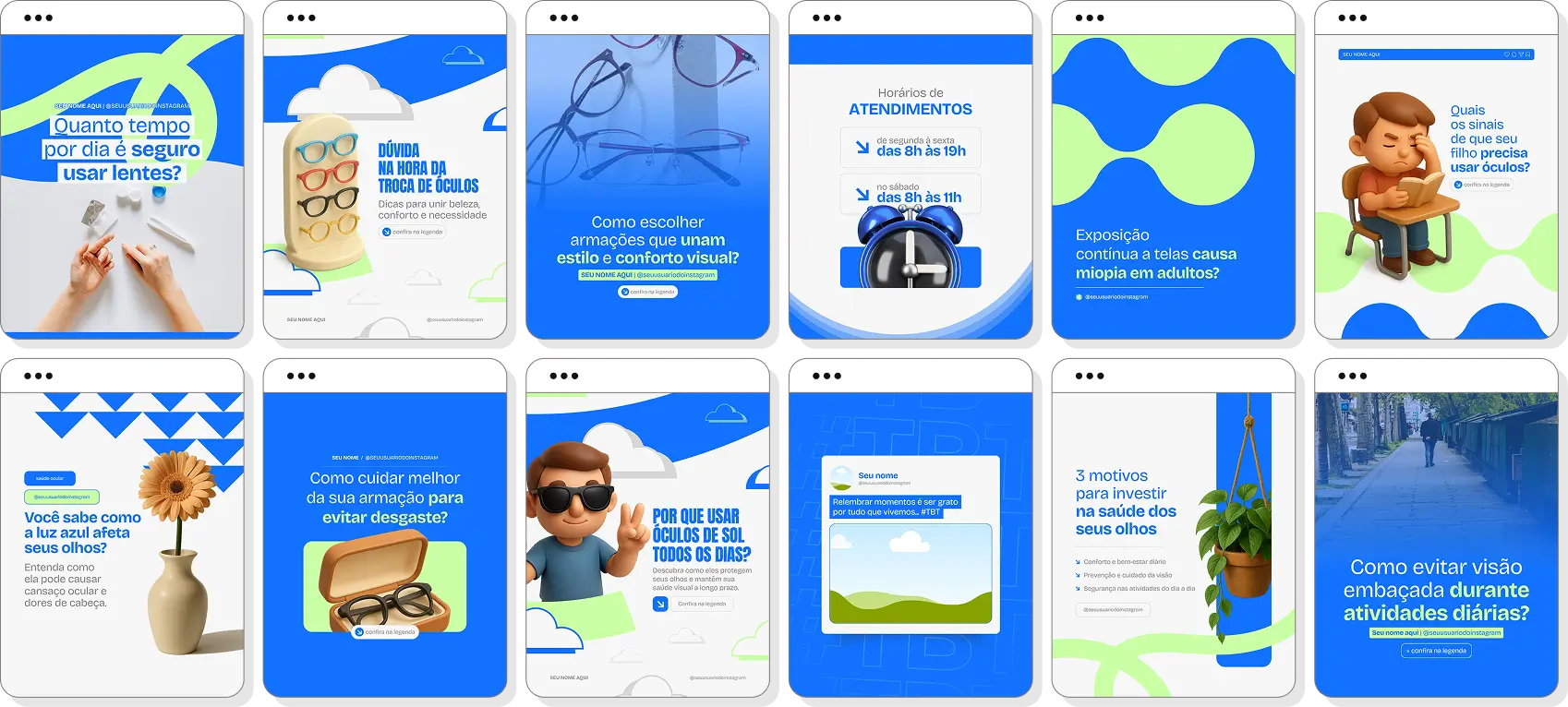 Pack de ótica com conteúdos editáveis para Instagram de visão, lentes e saúde ocular