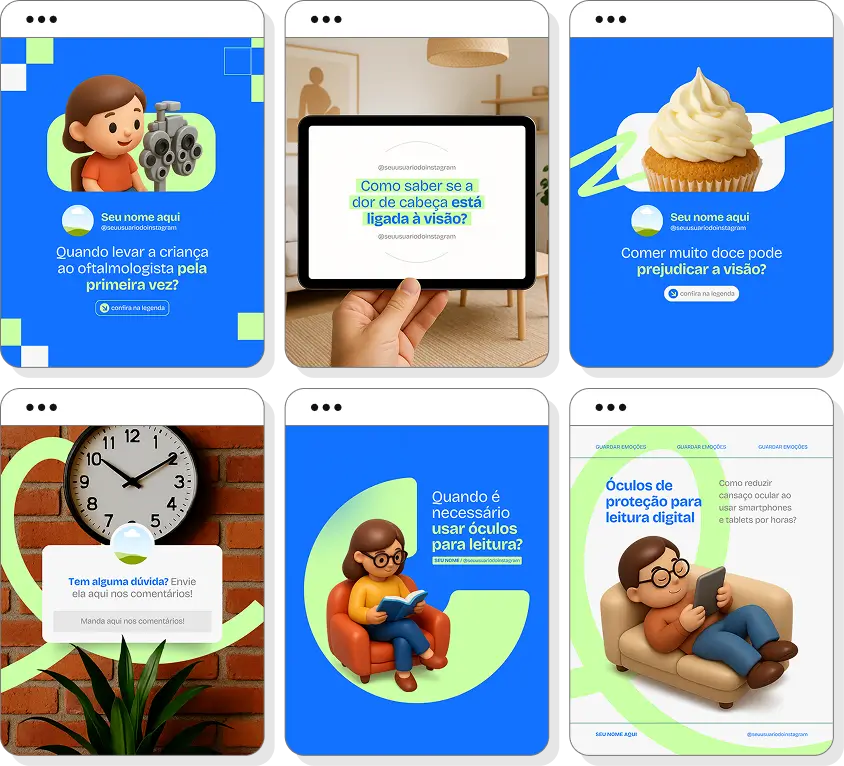 Social media para ótica com pack de posts editáveis no Canva para Instagram profissional