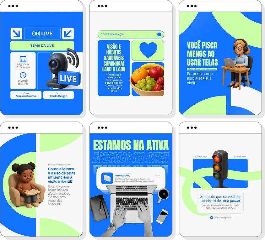 Pack Canva ótica com posts para Instagram de lentes, óculos de grau e saúde visual