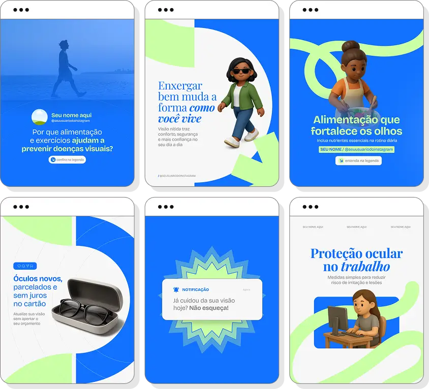 Pack Canva ótica com posts para Instagram de óculos, lentes e bem-estar visual
