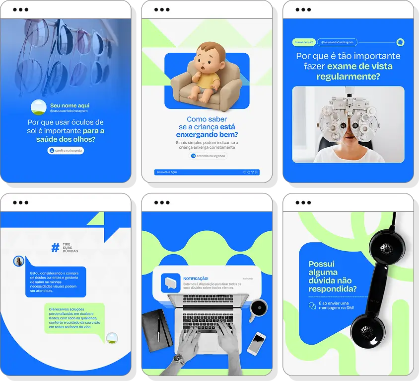 Pack Canva ótica com posts editáveis para Instagram de óculos de grau, lentes e saúde visual