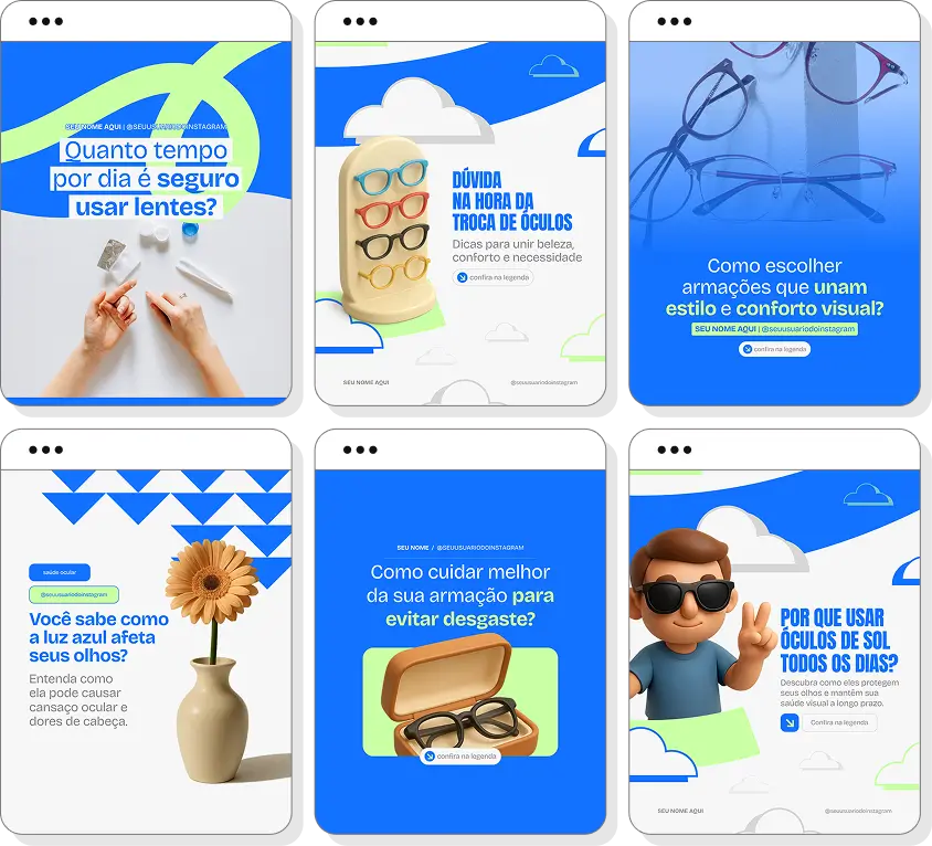 Pack de posts para ótica com templates no Canva para Instagram sobre óculos, visão e saúde ocular
