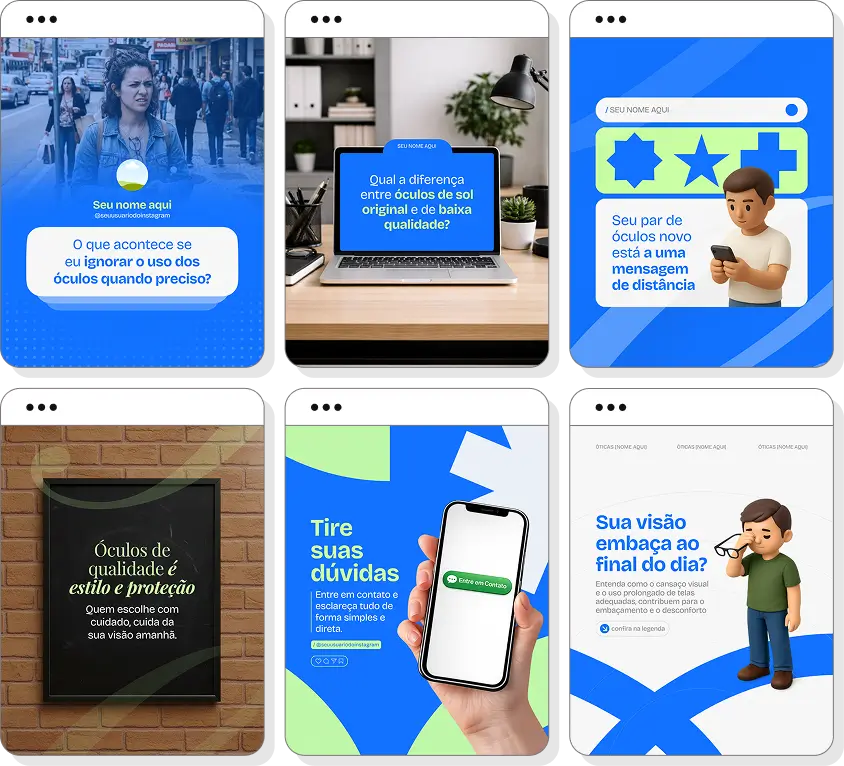 Posts para ótica com ideias de conteúdo para Instagram sobre visão, lentes e cuidados visuais