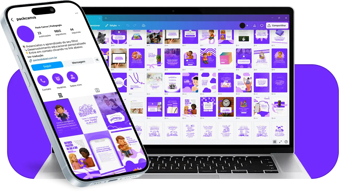 Pack de posts para pedagogia com templates no Canva para Instagram sobre educação, ensino e aprendizagem