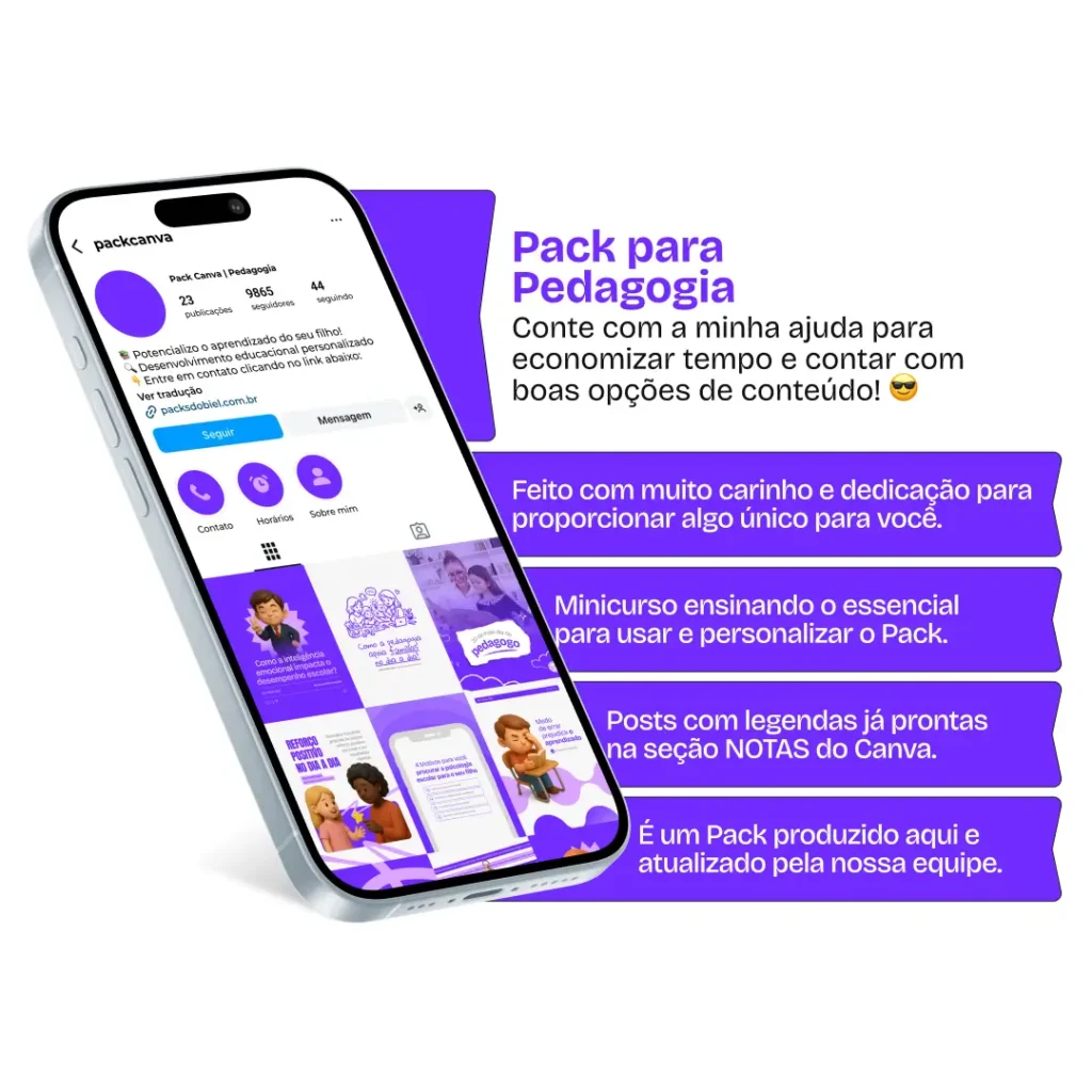 Pack Canva pedagogia com posts editáveis para Instagram de educação infantil e desenvolvimento escolar