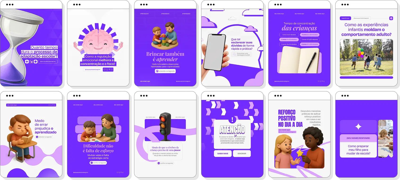 Pack Canva pedagogia com posts para Instagram de educação infantil e desenvolvimento cognitivo