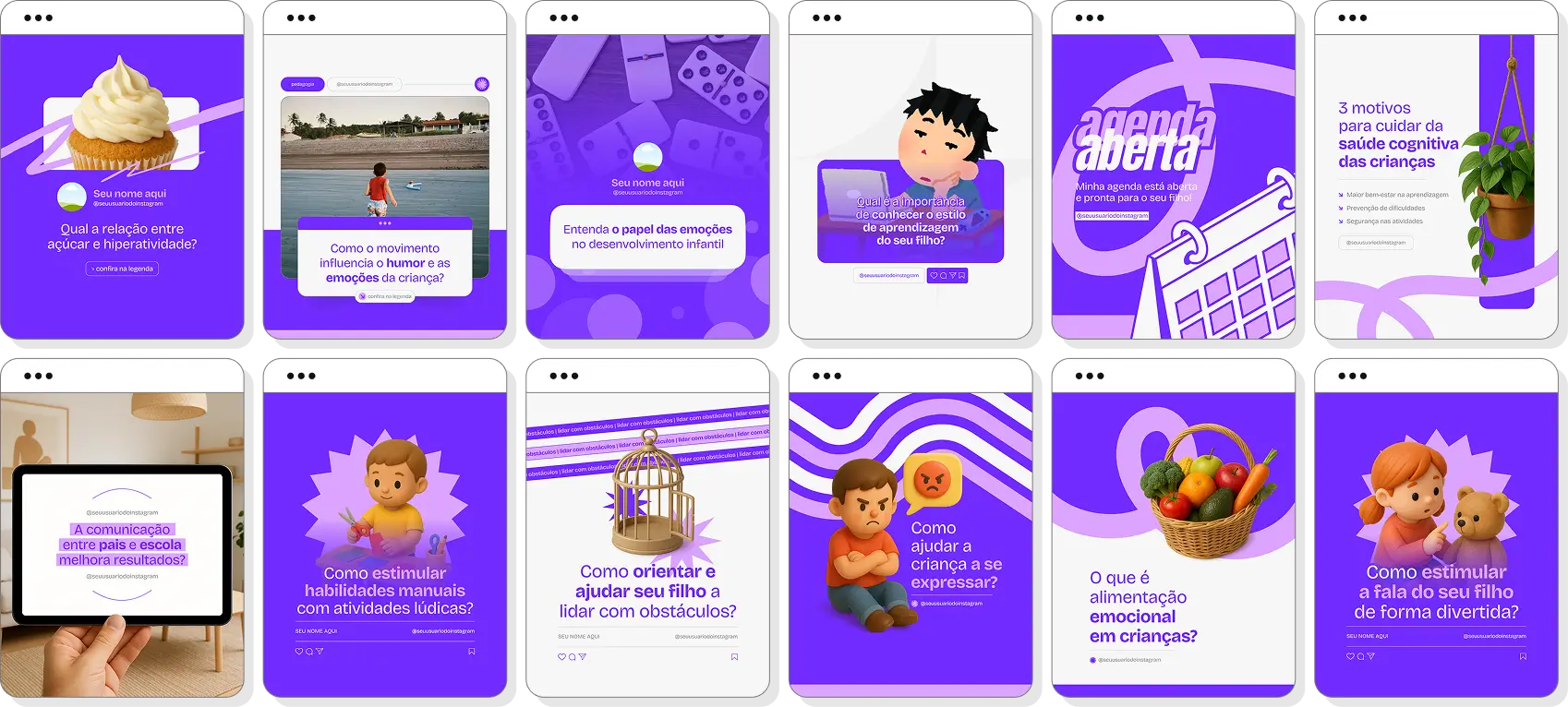 Pack de pedagogia com conteúdos editáveis para Instagram de educação infantil e práticas pedagógicas