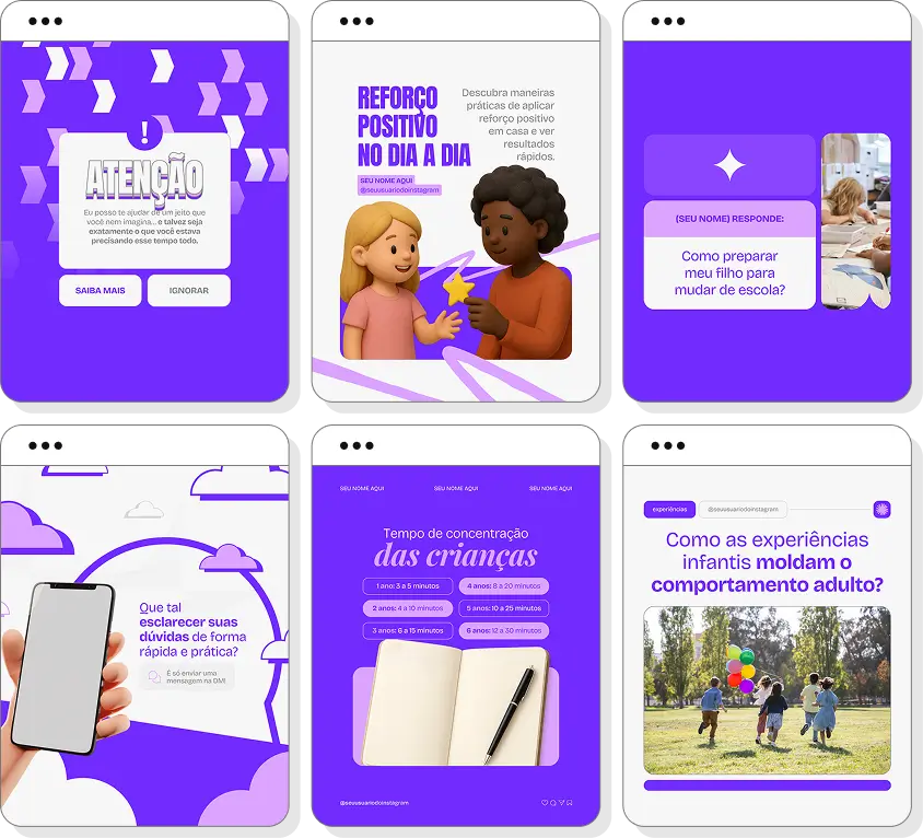 Posts para perfil de pedagogia no Instagram com templates Canva sobre ensino e aprendizagem infantil