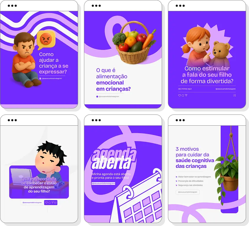 Pack de posts editáveis pedagogia com foco em desenvolvimento infantil, ensino e aprendizagem escolar
