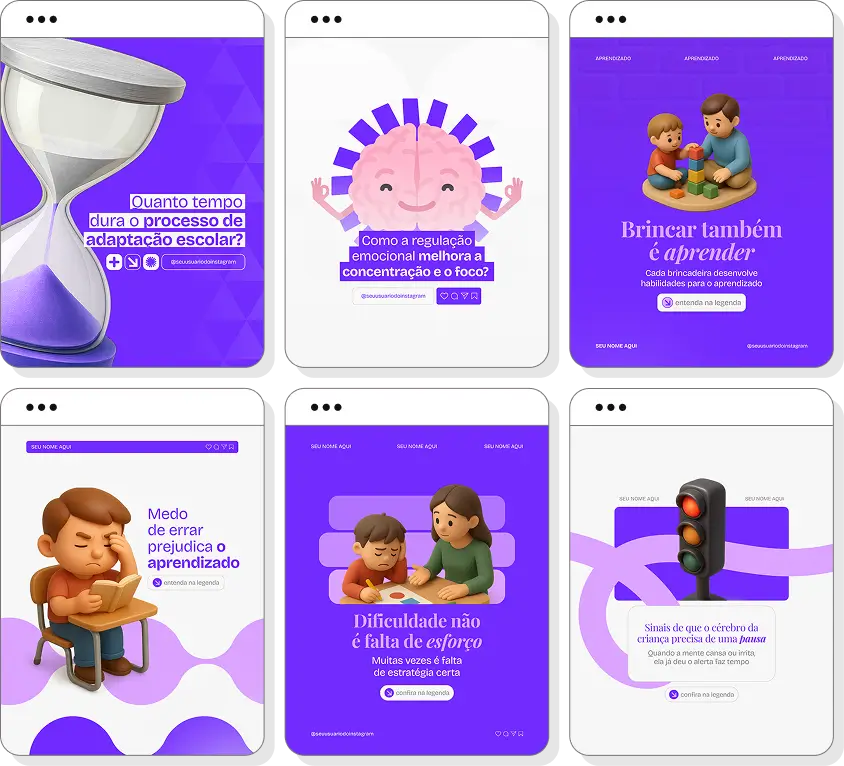 Pack de posts para Instagram pedagogia com artes editáveis sobre educação e desenvolvimento escolar