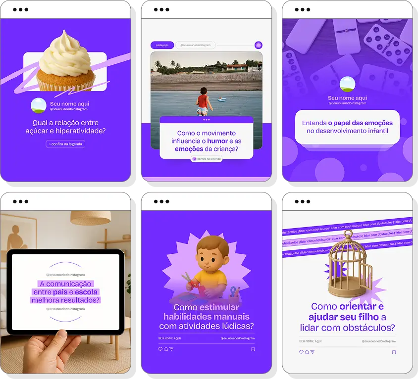 Pack Canva pedagogia com ideias de posts para perfil de Instagram sobre educação e desenvolvimento infantil
