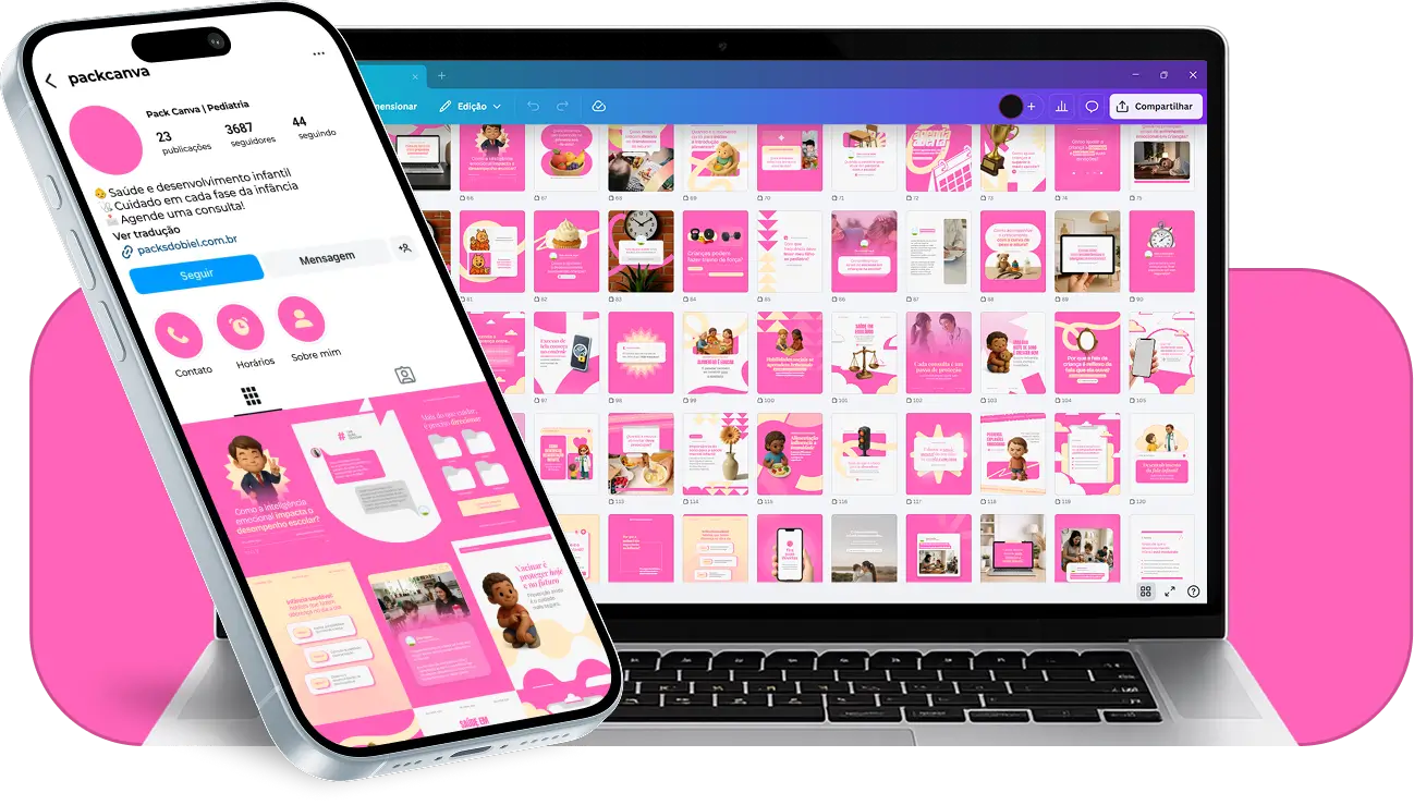 Pack Canva pediatria com posts editáveis para Instagram de cuidados infantis e saúde das crianças