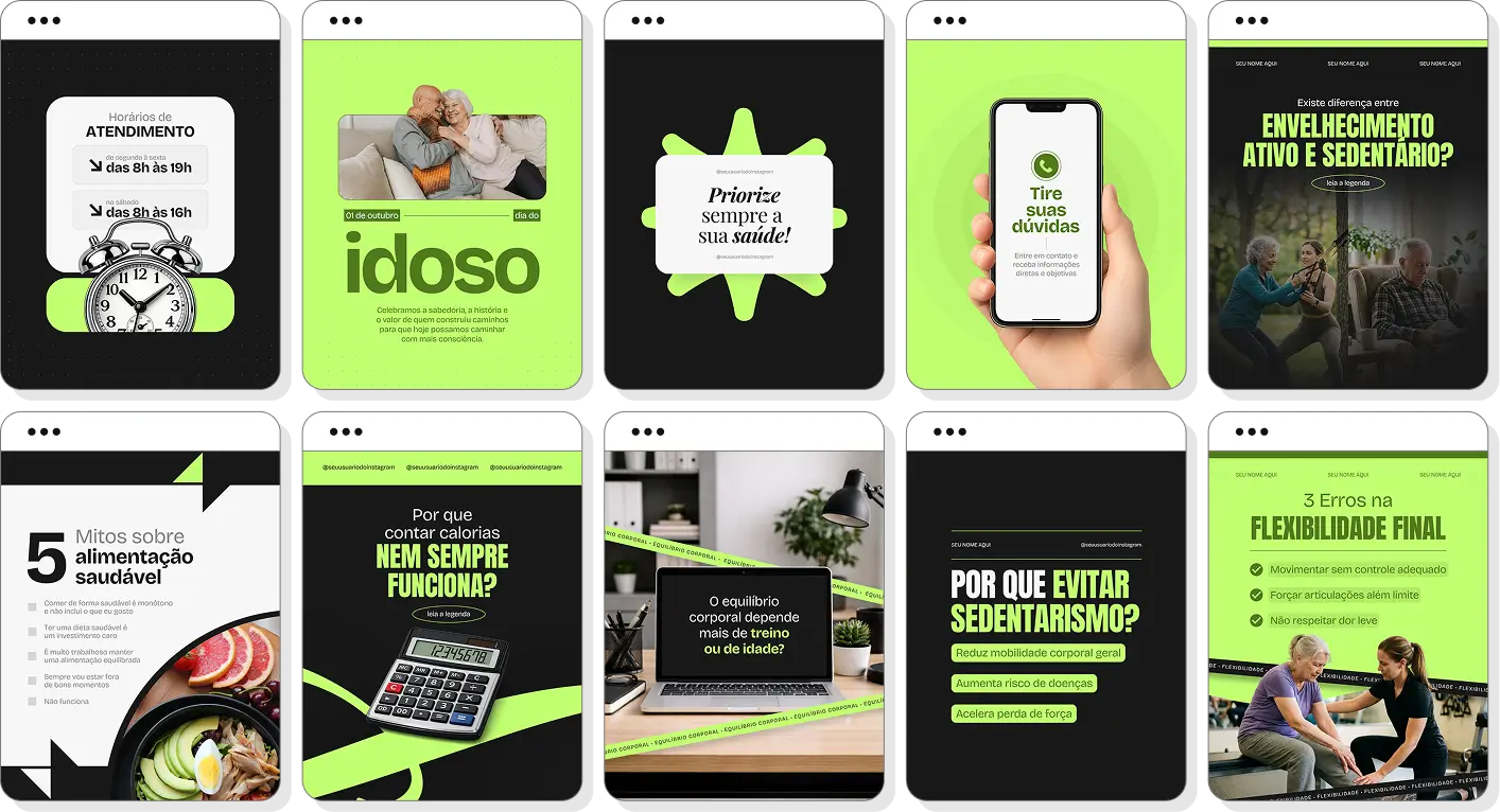 Pack de posts para personal trainer para idosos com templates no Canva para Instagram sobre exercícios e longevidade