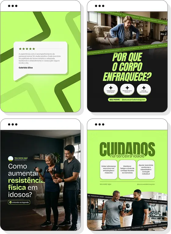 Pack Canva personal trainer para idosos com ideias de posts para perfil de Instagram sobre envelhecimento ativo