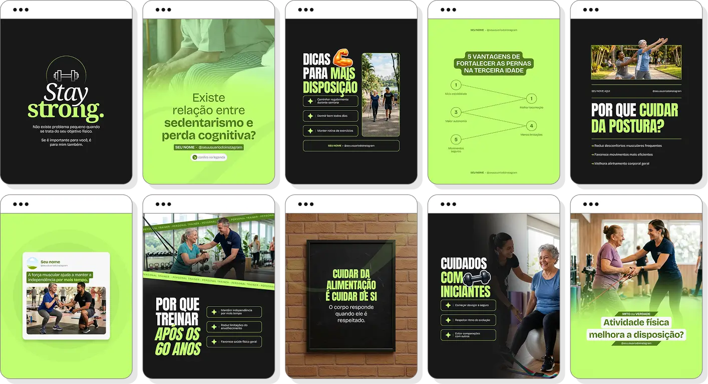Pack de posts editáveis personal trainer para idosos com foco em exercícios e saúde na terceira idade