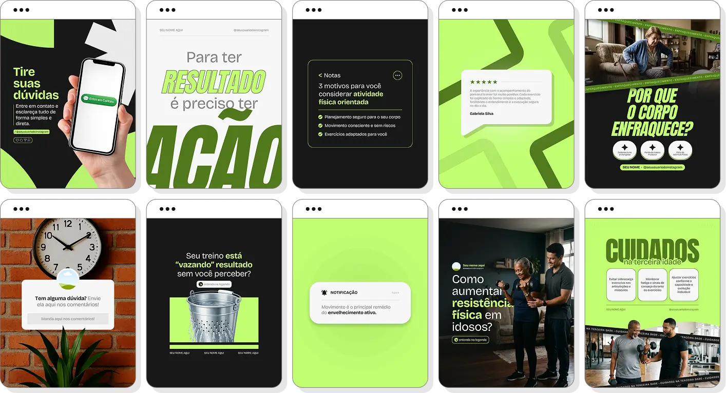 Posts para perfil de personal trainer para idosos no Instagram com templates Canva sobre exercícios e saúde