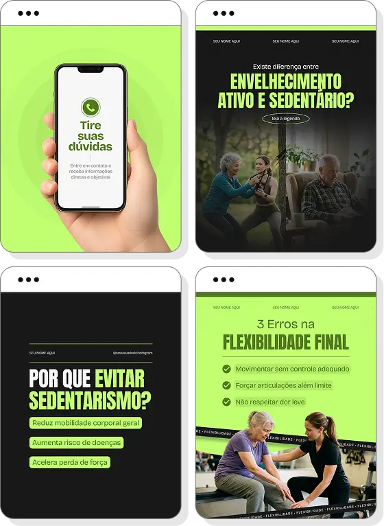 Pack de posts para Instagram personal trainer para idosos com artes editáveis sobre atividade física e mobilidade
