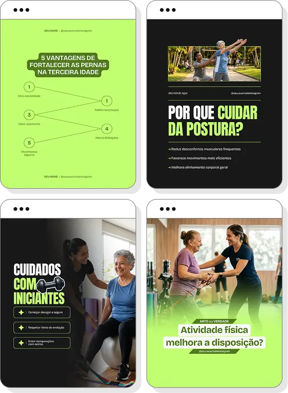 Pack social media personal trainer para idosos com conteúdos para Instagram de exercícios e qualidade de vida