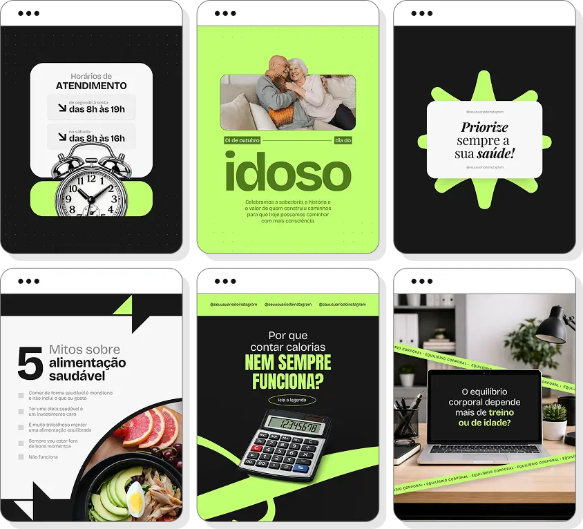 Pack de posts editáveis personal trainer para idosos com Instagram de exercícios e envelhecimento saudável