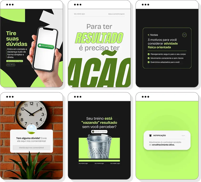 Pack Canva personal trainer para idosos com posts para Instagram de fortalecimento muscular e autonomia