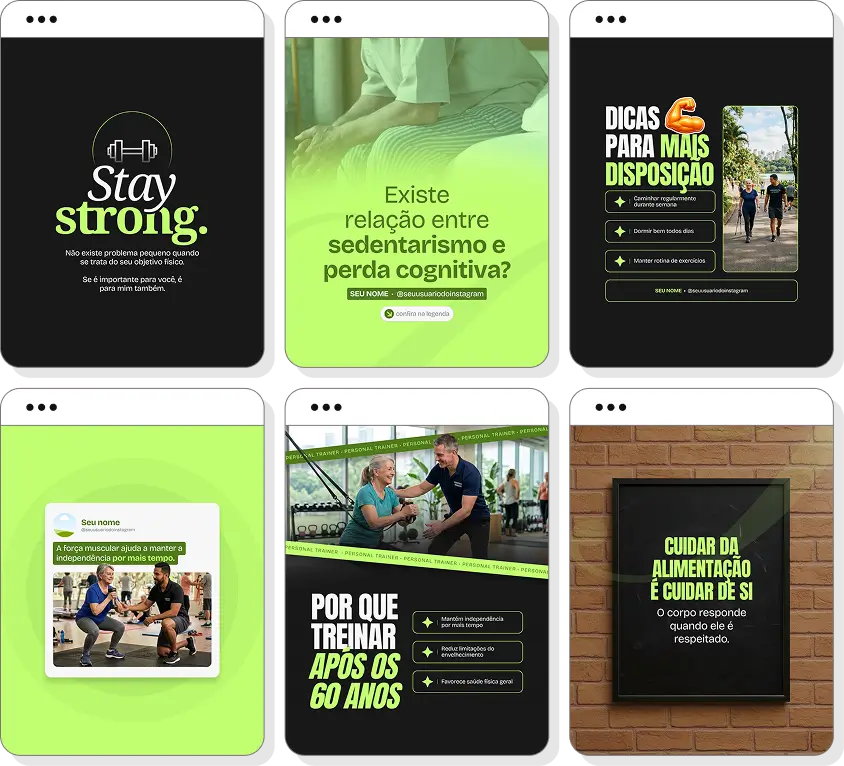 Ideias de post para personal trainer para idosos com pack de conteúdo para Instagram sobre saúde e movimento
