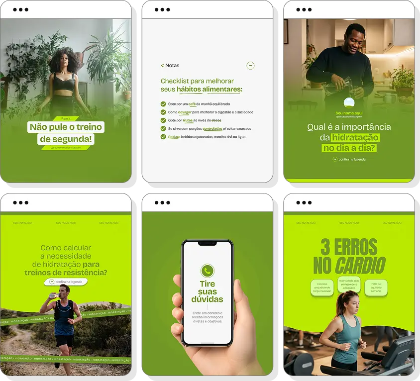 Pack de posts para personal trainer com templates no Canva para Instagram sobre treino, fitness e resultados