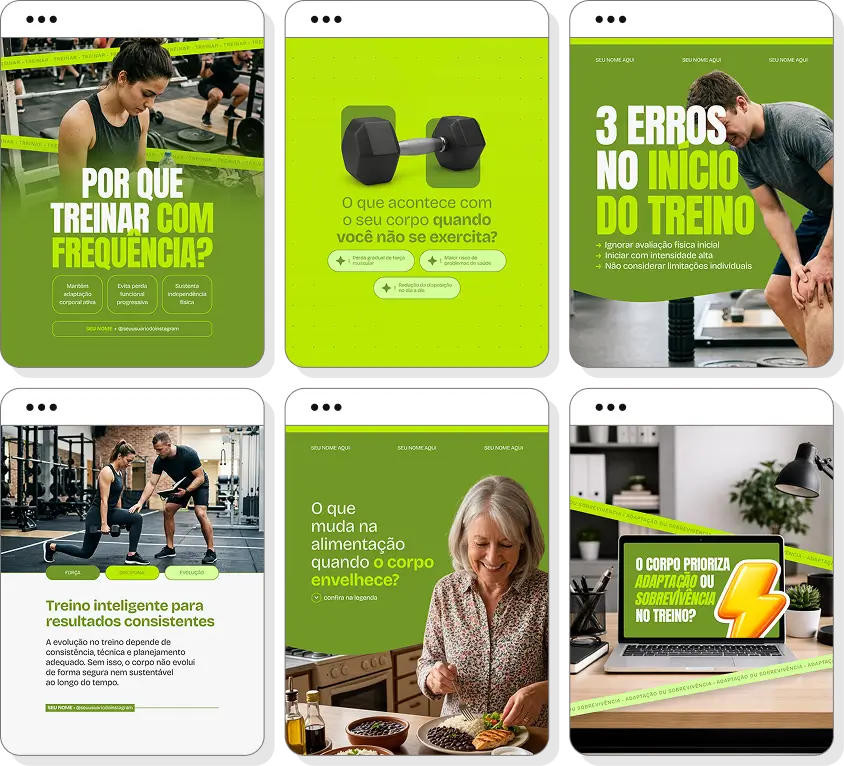 Pack Canva personal trainer com posts editáveis para Instagram de treino, hipertrofia e emagrecimento