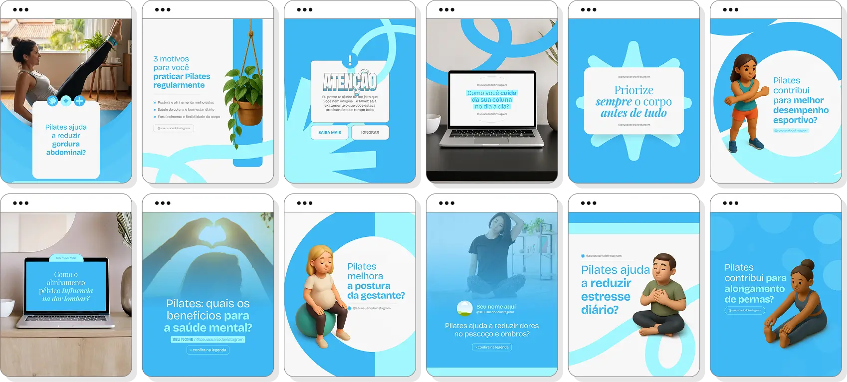 Pack de posts editáveis pilates com Instagram de exercícios, flexibilidade e bem-estar corporal