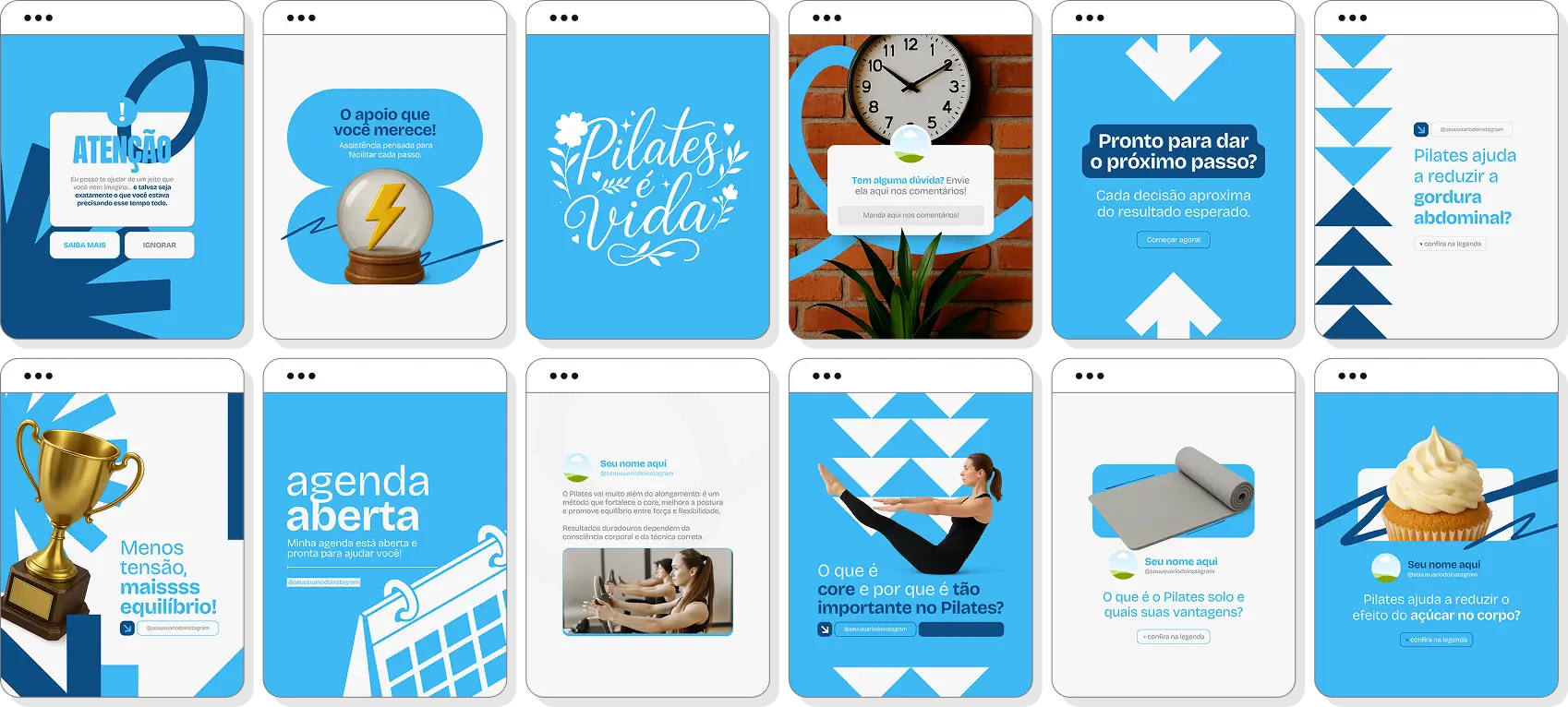 Pack de pilates com conteúdos editáveis para Instagram de postura, equilíbrio e movimento