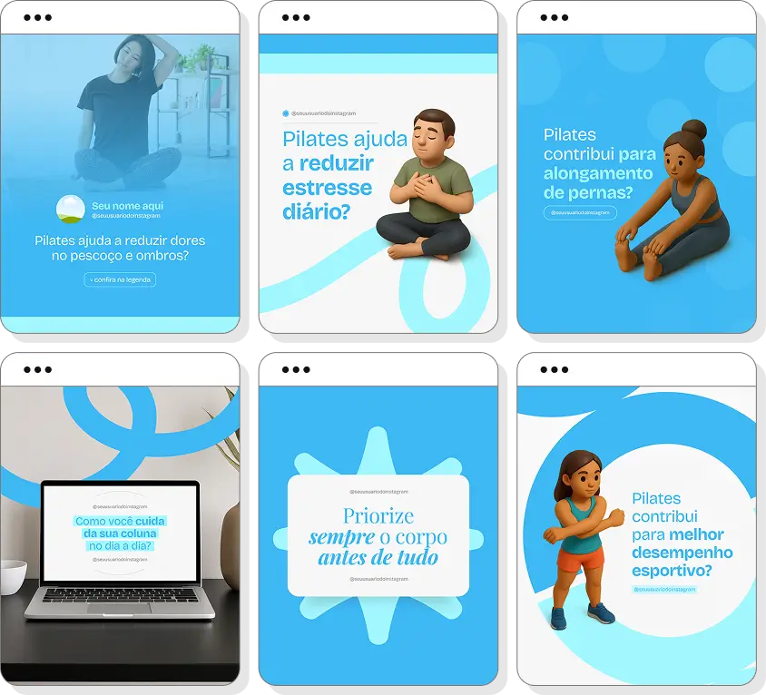 Ideias de post para pilates com pack de conteúdo para Instagram sobre postura e movimento