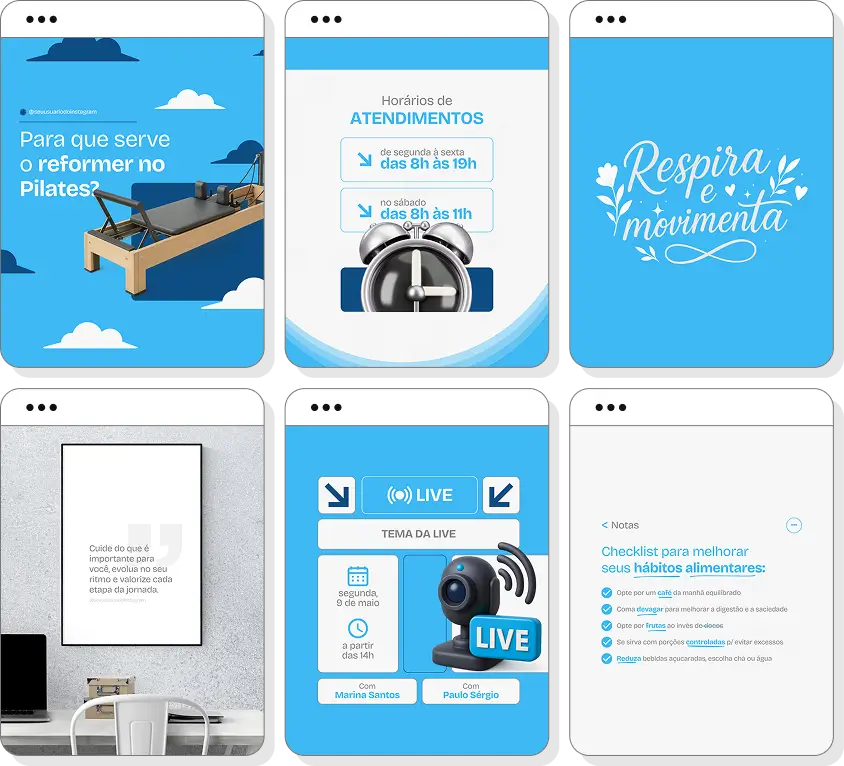 Posts para Instagram pilates com pack de templates Canva para saúde e condicionamento físico