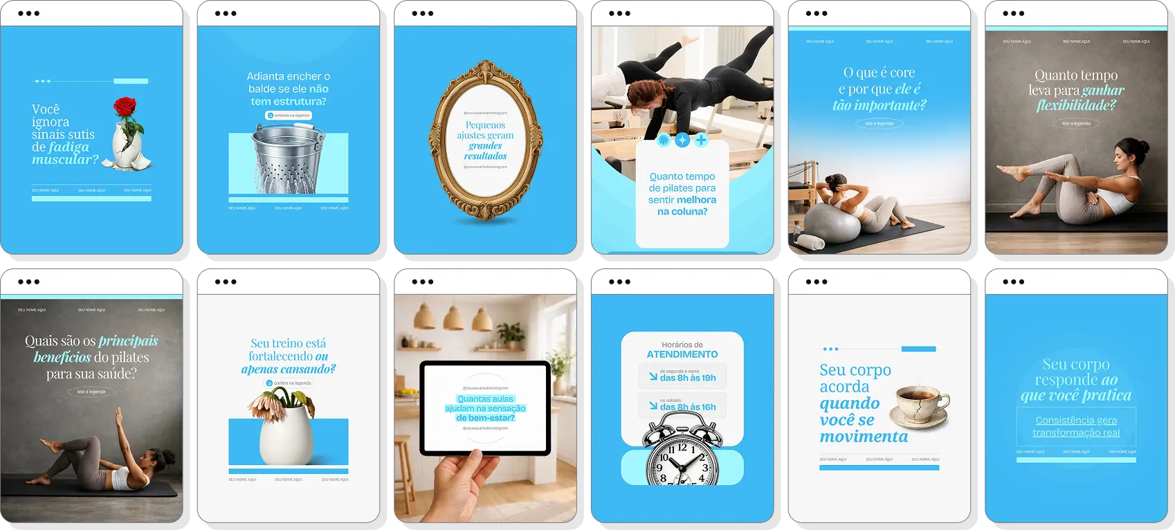 Pack Canva pilates com posts para Instagram de fortalecimento muscular e qualidade de vida