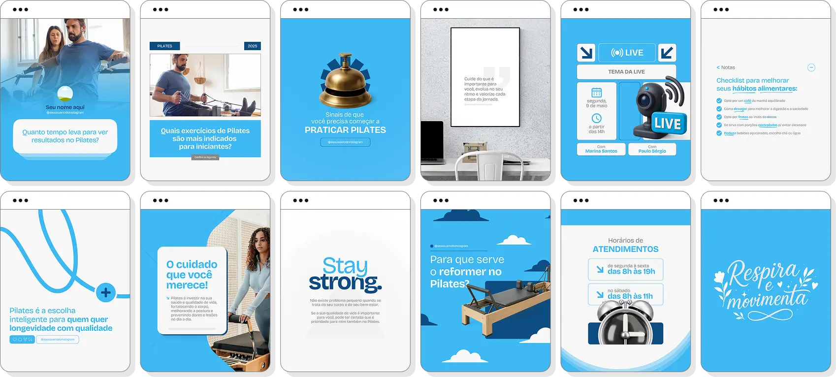 Pack de posts para pilates com ideias de conteúdo para Instagram de mobilidade e postura