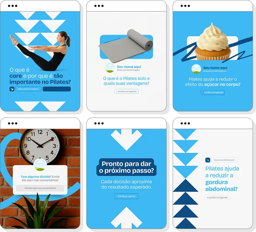Pack social media pilates com templates para Instagram de exercícios e bem-estar corporal