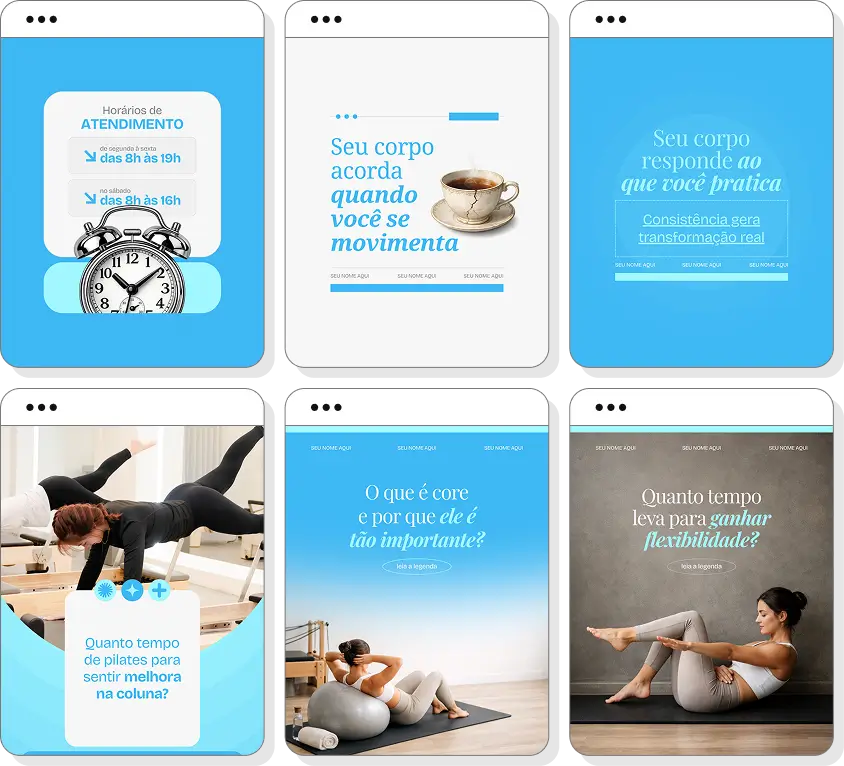 Pack Canva pilates com artes para Instagram de postura saudável e qualidade de vida
