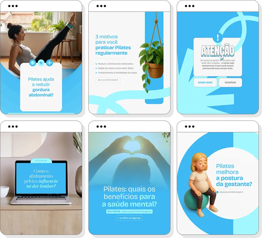 Social media para pilates com pack de posts editáveis no Canva para Instagram profissional