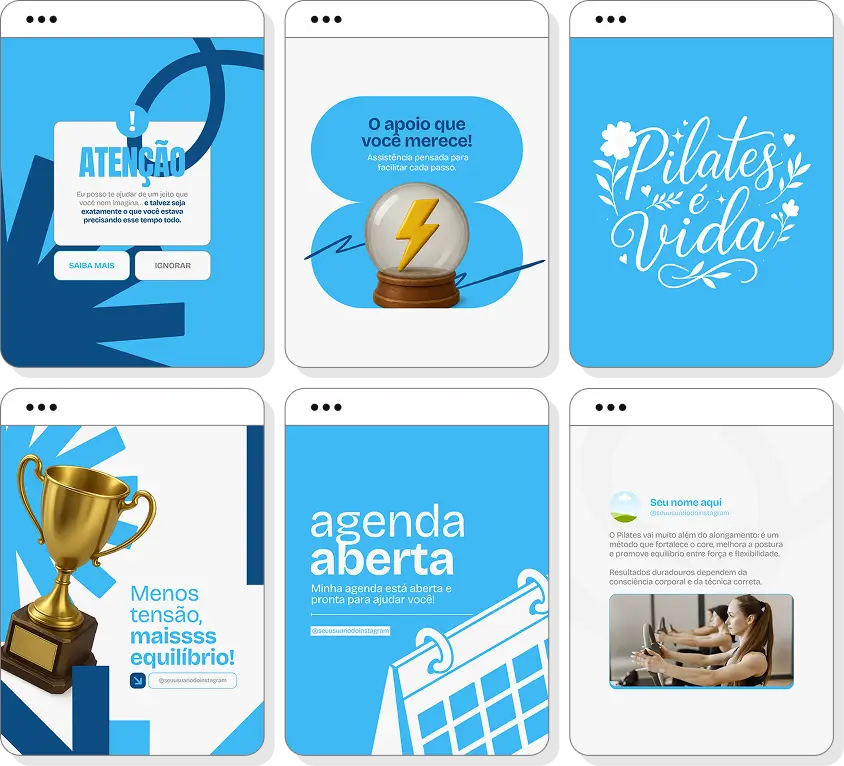Pack de posts editáveis para Instagram pilates com foco em flexibilidade e fortalecimento muscular