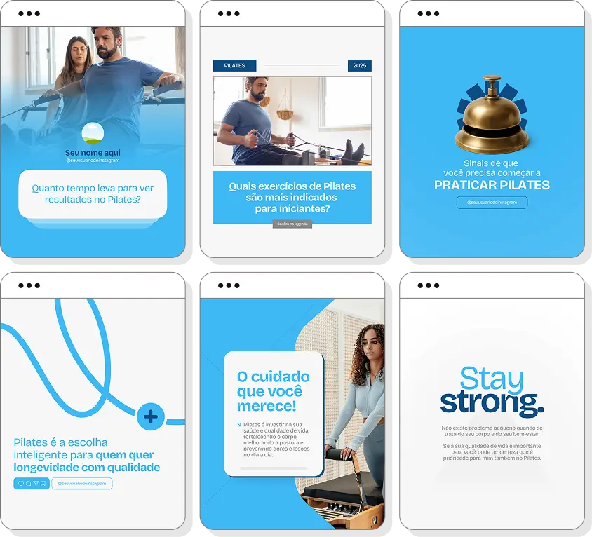 Posts para pilates com pack de conteúdo editável no Canva para Instagram sobre exercícios