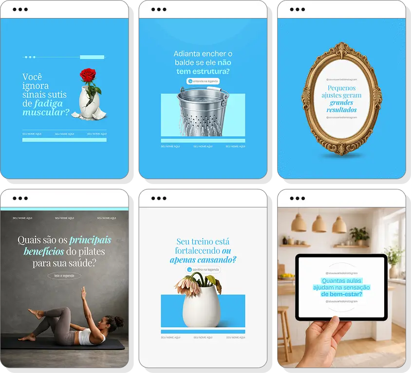 Posts para perfil de pilates no Instagram com templates Canva sobre exercícios e mobilidade